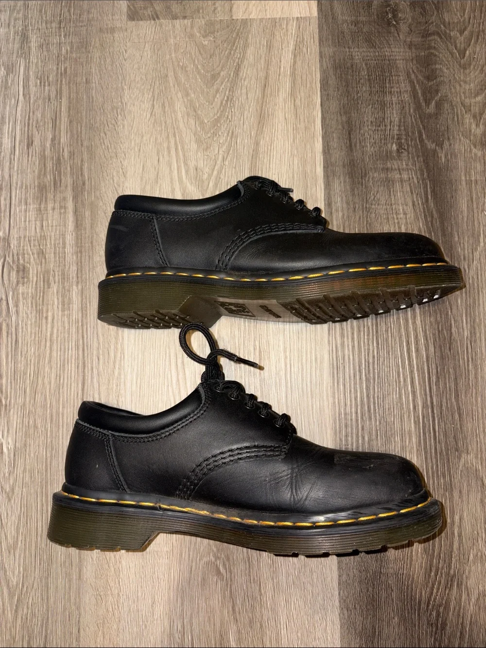 Dr. Martens Black Leather 5-Eye Lace-Up Oxfords with Yellow Stitching